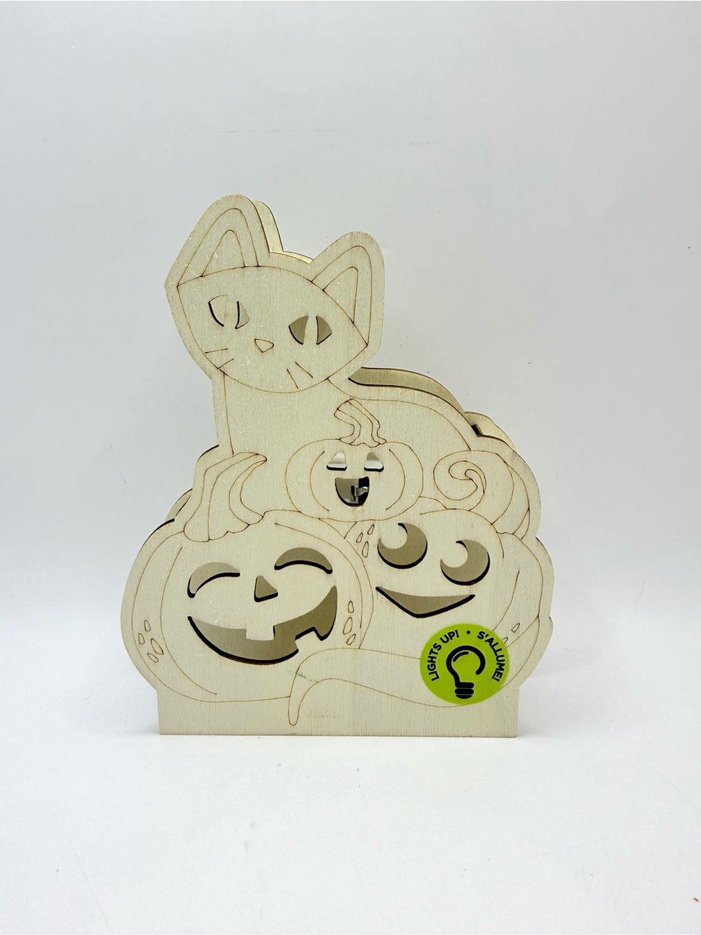Wooden Pre-Lit Cat & Pumpkins Cut Out Wooden Halloween Craft Decor Self Paint 6”